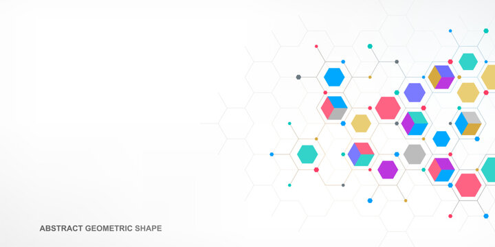 Colorful isometric cubes on hexagon network abstract technology background