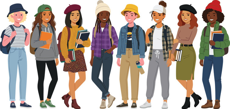 Diverse Group of International College Students and Young Friends Vector Character Set with Backpacks and Books for Education and Diversity Concepts