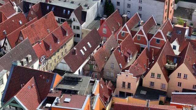 Schnoor quarter in Bremen, Germany, old town street in downtown Bremen, UNESCO World Heritage, Aerial View in a daytime.