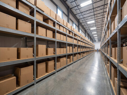 Interior of a large modern warehouse aisle with tall metal racks full of stacked cardboard boxes for storage and logistics