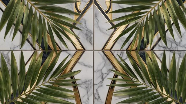 Luxury Art Deco Tropical Palm Leaves Marble Geometric Gold Pattern