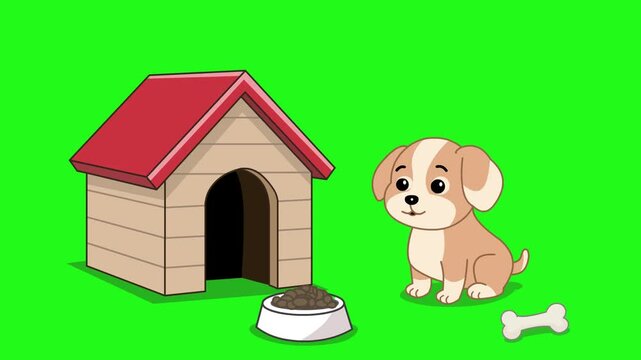 Animated video of a cute baby dog, kennel, food bowl, and bone in cartoon style on a green background, art, 2D.