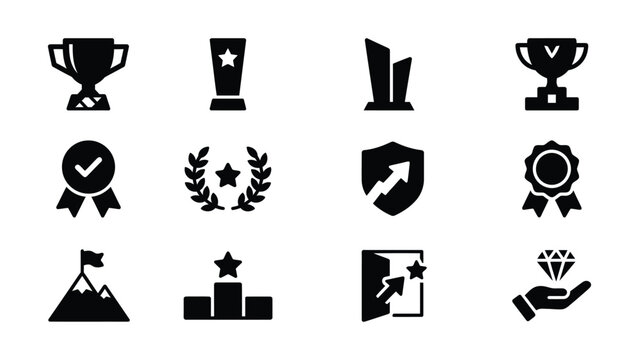 Set of twelve achievement award icons with transparent background for graphic design use