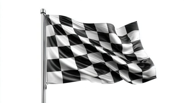 Waving checkered flag on a flagpole signaling the end of a race or competition