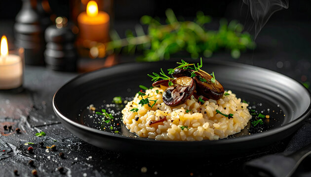Mushroom risotto with porcini butter gloss cinematic macro