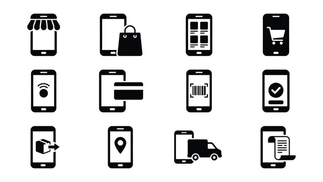 Set of mobile icons representing various online shopping and delivery features