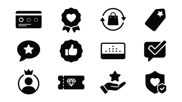 Set of twelve simple icons featuring awards stars and approval symbols on transparent background