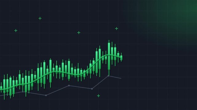 Flat vector trading chart covering the entire video frame on solid dark navy background with faint grid: varied green candlesticks appearing one by one from left to right showing a bull market rising