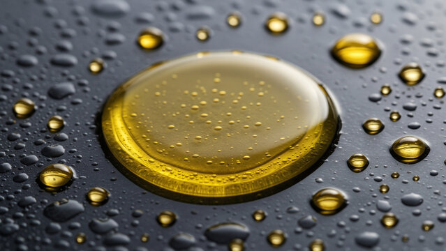 Macro closeup of golden oil droplet surrounded by scattered water beads on dark textured surface glossy liquid composition rich amber color reflective fluid chemistry skincare cosmetic concept natural