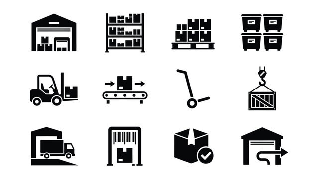 Collection of warehouse and logistics equipment icons with transparent background