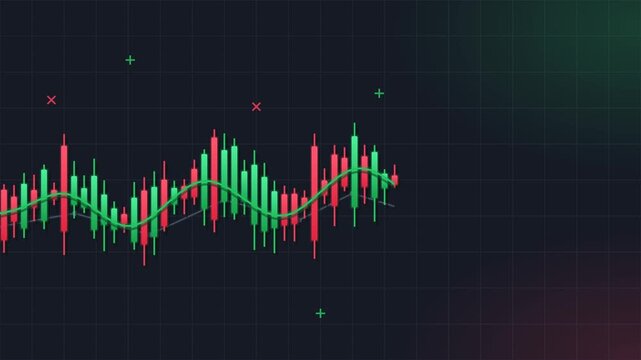 Flat vector trading chart covering the entire video frame on solid dark navy background with faint grid: sideways range-bound market with mixed candles - green when rising, red when falling - appearin