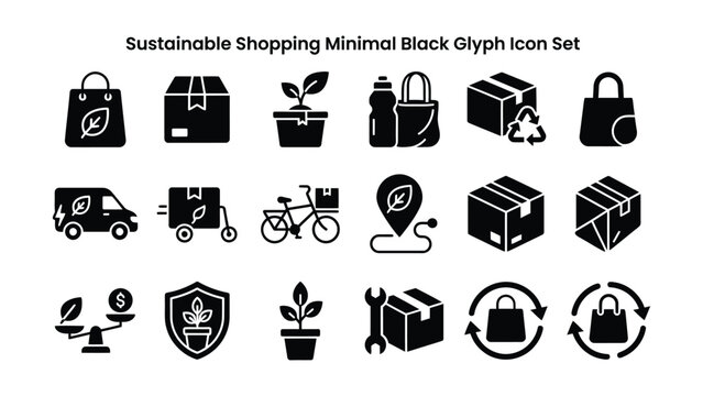 Minimal black glyph icons set for sustainable shopping and eco friendly concepts