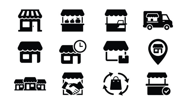 Set of black and white icons depicting various market and shopping concepts