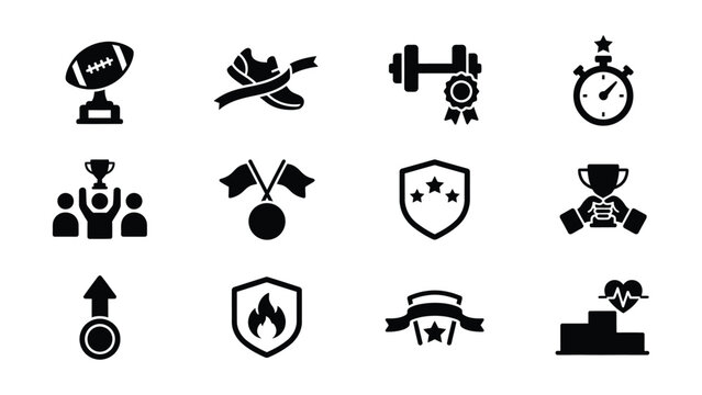 Set of black and white achievement and sports award icons with transparent background