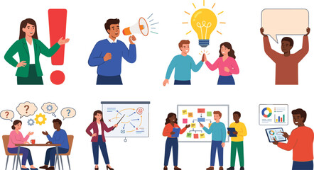 Fototapeta premium Business Communication and Teamwork Vector Character Set featuring People Brainstorming, Presenting Data, Shouting in Megaphone, and Sharing New Creative Ideas