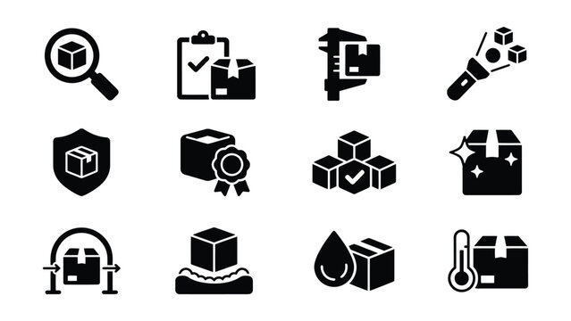 Set of twelve icons showing various logistics and shipping process symbols