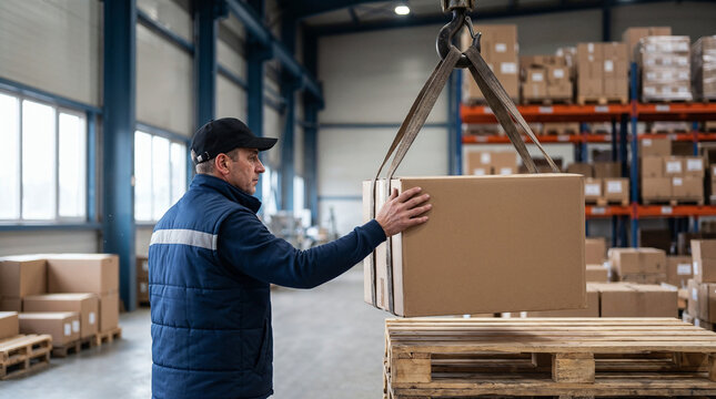 In a warehouse within an industrial building, a man steadies a cardboard box package on lifting straps from a crane hook above a pallet amid storage racks and cargo.