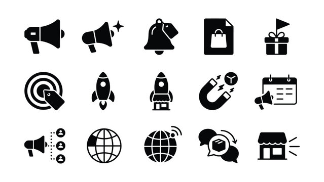 Set of black and white icons representing marketing and business concepts