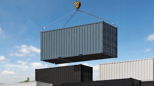 A crane hoist uses steel cables for lifting a shipping container above stacked containers in a container yard, moving cargo and freight beneath a blue sky.