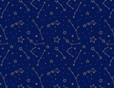 Seamless vector pattern of simple stars and celestial constellations in gold line art