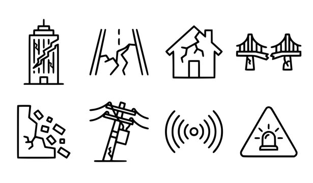 Set of earthquake and natural disaster line icons showing damaged buildings roads bridges and emergency warning signals