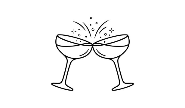 Simple black and white line drawing of two champagne glasses clinking together for a festive celebration