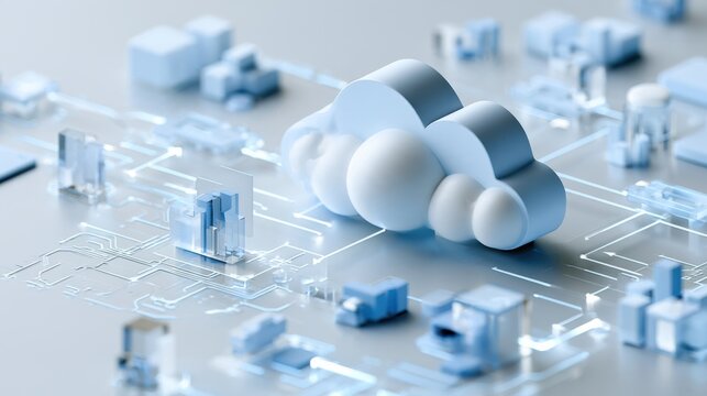 A 3D rendering of a cloud shape with digital circuits and futuristic buildings, representing cloud computing and technology