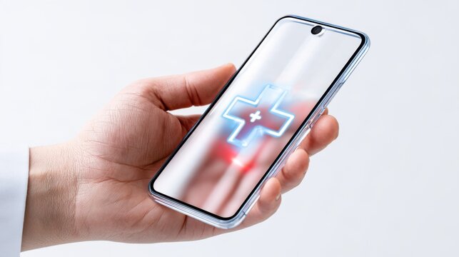 A hand holding a smartphone displaying a medical cross symbol, signifying health technology and digital healthcare solutions