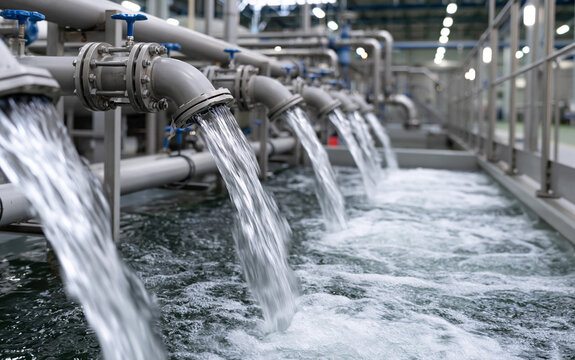 Medium shot showing clean pharmaceutical wastewater exiting filtration systems with activated carbon nanofiltration and advanced treatment methods in an industrial setting.