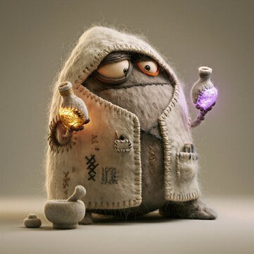 A whimsical illustration of a tired-looking alchemist character.