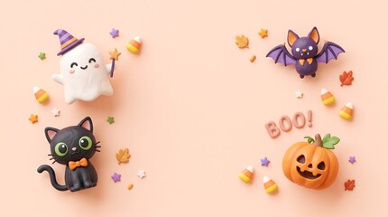 Fototapeta premium Cute halloween decorations arranged on a soft pastel background for festive holiday cards unlike traditional themes like thanks giving day celebrations instead