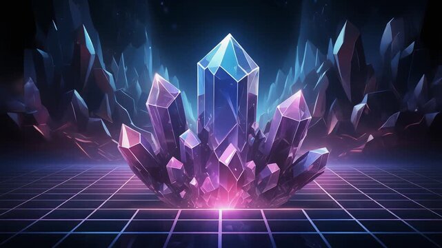 Glowing Crystal Cluster in Futuristic Neon Grid