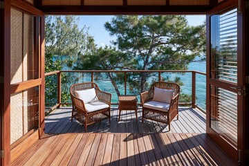 Obraz premium The Oceanview Balcony Seating with Wicker Chairs on a Tranquil Deck