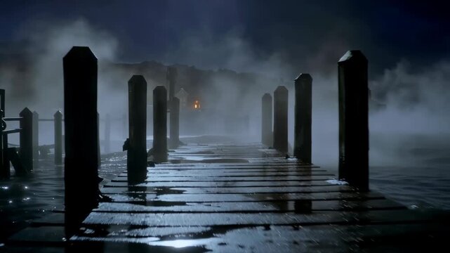 Moonlit Fog Shrouded Dock At Night Over Quiet Water.