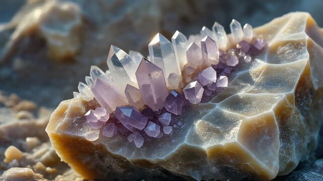 Amethyst Crystal Cluster on Geode Rock - Natural Gemstone Macro Shot