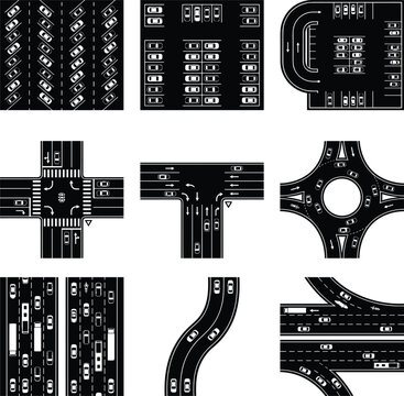 PrintParking lot top view and road intersection set featuring traffic roundabout crossroad highway vector