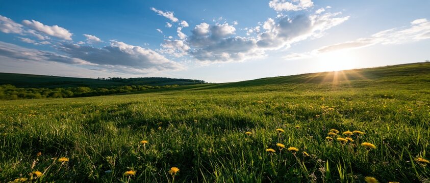 The sunlit meadow at golden hour over rolling countryside with flowers