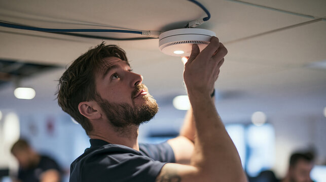 Network technician installing ceiling mounted wireless access point in modern office, ethernet cable visible, professional IT infrastructure, blurred background, copy space, no