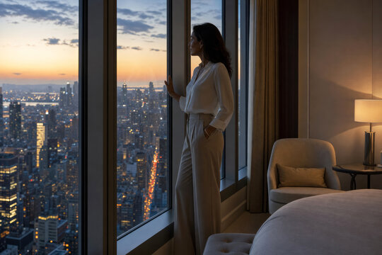 A businesswoman stands by a high-floor hotel window overlooking a glowing city skyline at dusk, her silhouette framed by elegant minimalist interiors. International business travel concept
