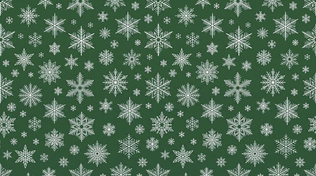 Seamless festive background pattern featuring white snowflakes on a dark green surface for merry christmas