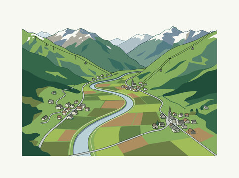 Vector illustration of the Zillertal valley in the Austrian Alps featuring Kaltenbach, Ried, and Stumm villages, a winding river, gondola lifts, green meadows, and snow-capped peaks.
