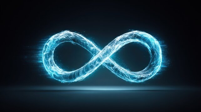 Abstract glowing infinity symbol made of particles and light trails on a dark background