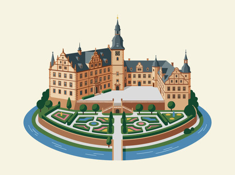 Vector illustration of Schloss Weilburg in Germany featuring Renaissance architecture, central courtyard, clock tower, and baroque formal gardens surrounded by a river moat on a plain background.