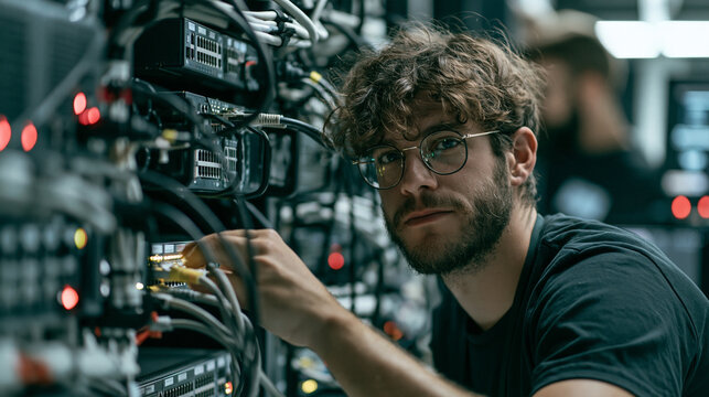 Network engineer installing managed ethernet switch in rack cabinet, patch cables and server equipment visible, business network infrastructure, no logos
