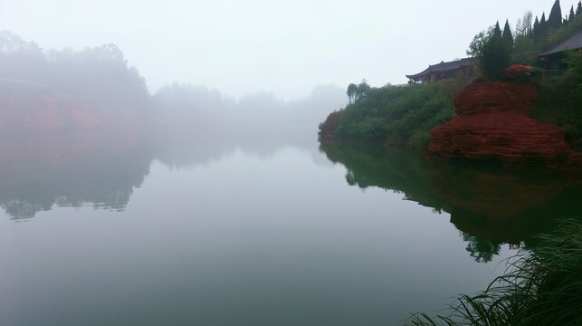 Overcast spring mist turtle-shaped danxia lake at GuiFeng Jiangxi 4A scenic