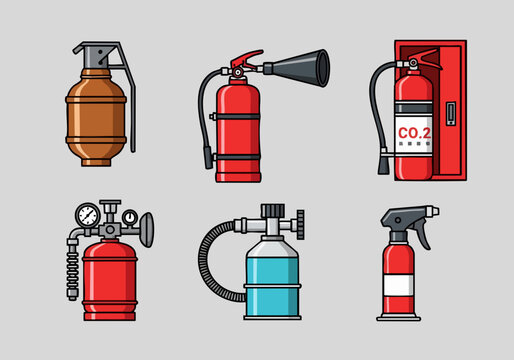 Collection of Various Fire Extinguishers and Safety Equipment