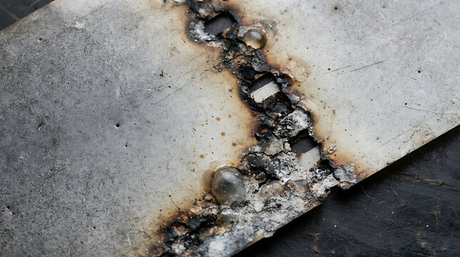 Macro view of burnt metal edge with industrial welding texture and heat damage pattern.
