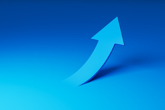 Upward Arrow Symbolizing Business Growth, Corporate Progress, Strategic Direction, Success and Ambition on Blue Gradient Background. 3D Rendering
