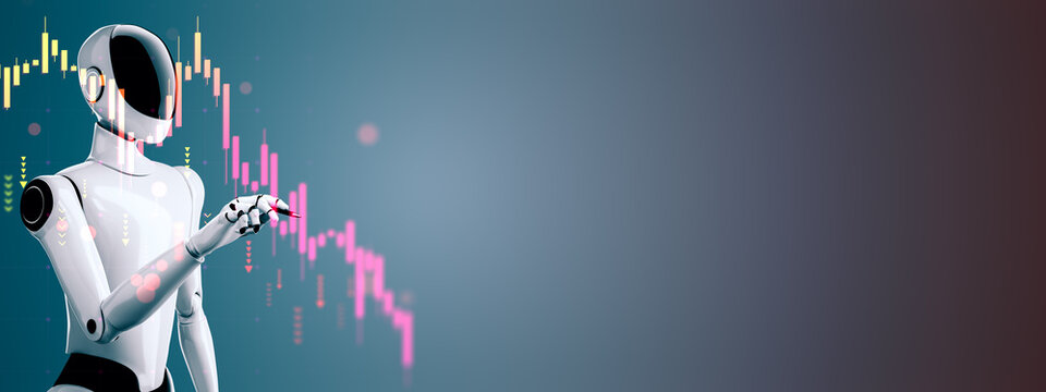 Humanoid AI Robot Assistant Analyzing Forex Market Charts and Financial Data for Intelligent Investment Strategy, Digital Business Technology Banner. 3D Rendering
