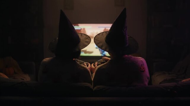 Two people wearing witch hats sit on a sofa playing a video game together with controllers, facing a glowing TV screen in a cozy Halloween setting.